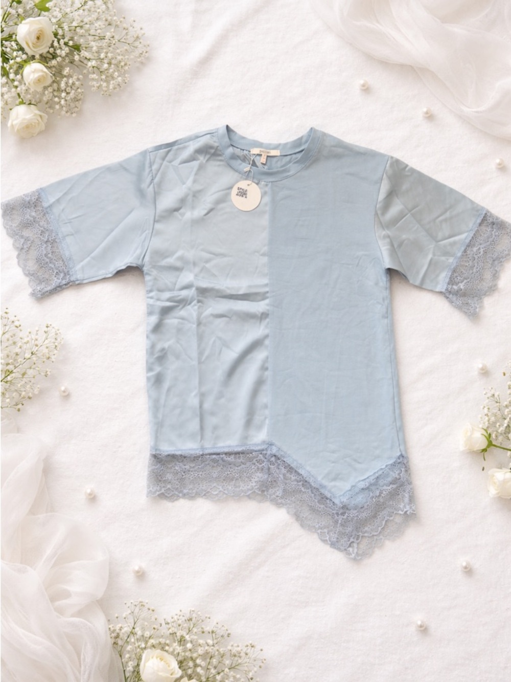 Pastels Light Blue Lace-Trim Short Sleeve Top